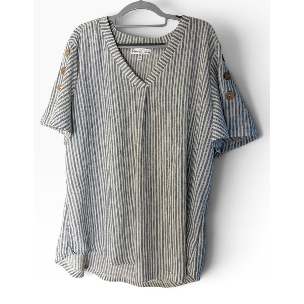 Stem & Vine Women’s Short Sleeve Vertical Striped Shirt Button Epaulets 3XL